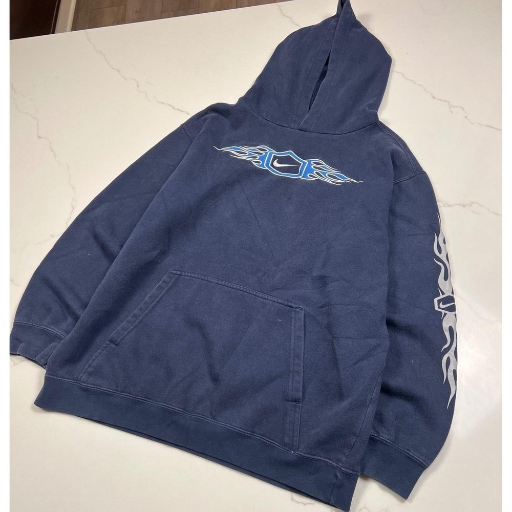 Nike Hoodie Boys XL Navy Blue Tribal Flame Graphic Y2K Streetwear Pullover